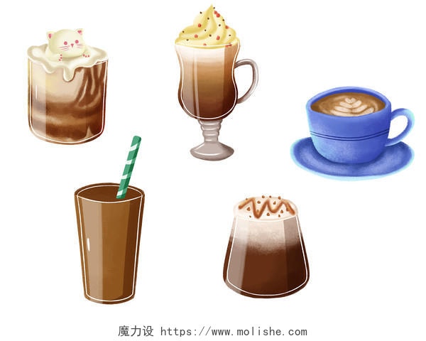 五个咖啡咖啡杯卡通PNG素材
